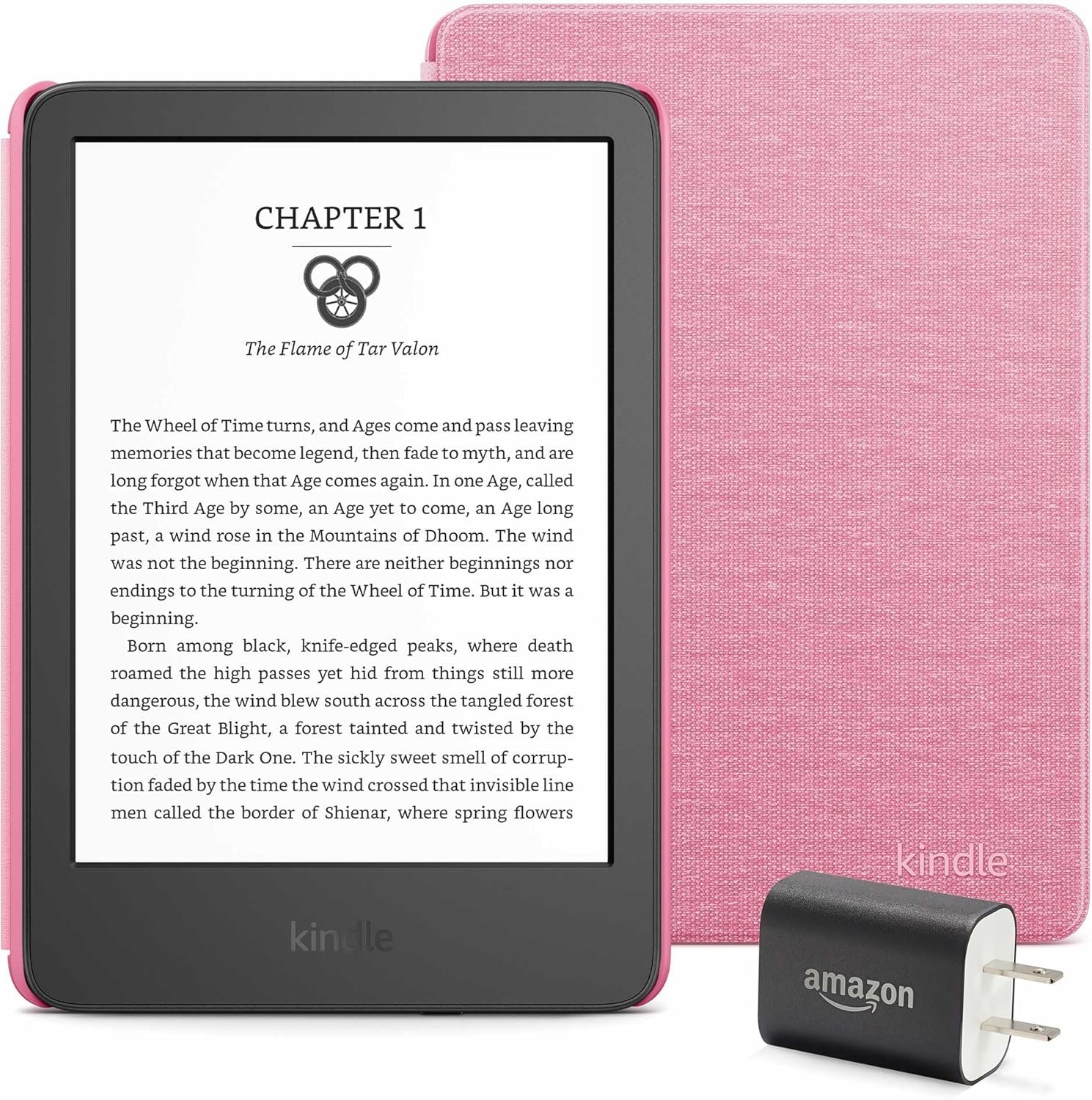 Kindle Essentials Bundle including Kindle (2024 release) - Black, Fabric Cover - Rose, and Power Adapter