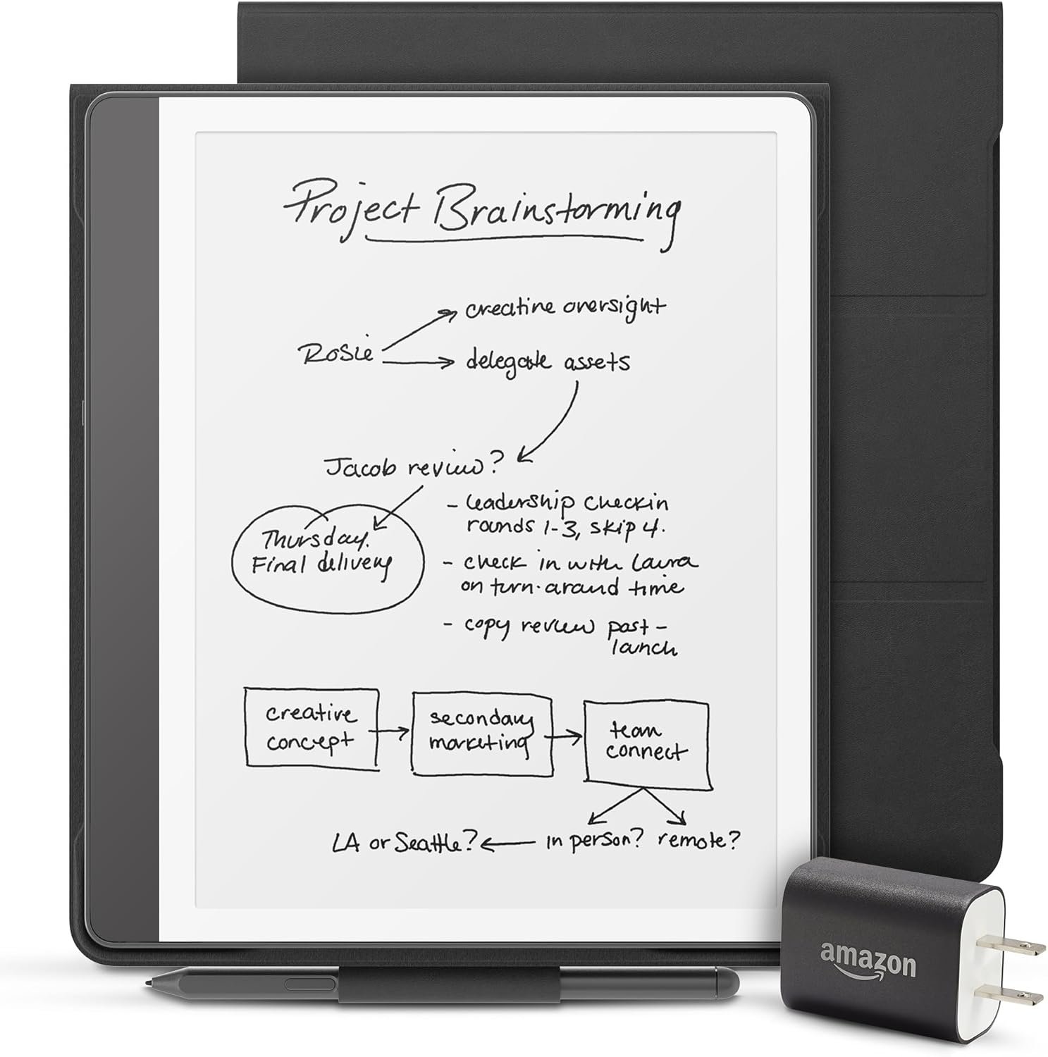 Amazon Kindle Scribe Essentials Bundle including Kindle Scribe (16GB) - Tungsten, Premium Pen, Premium Leather Folio-Black, and Power Adapter