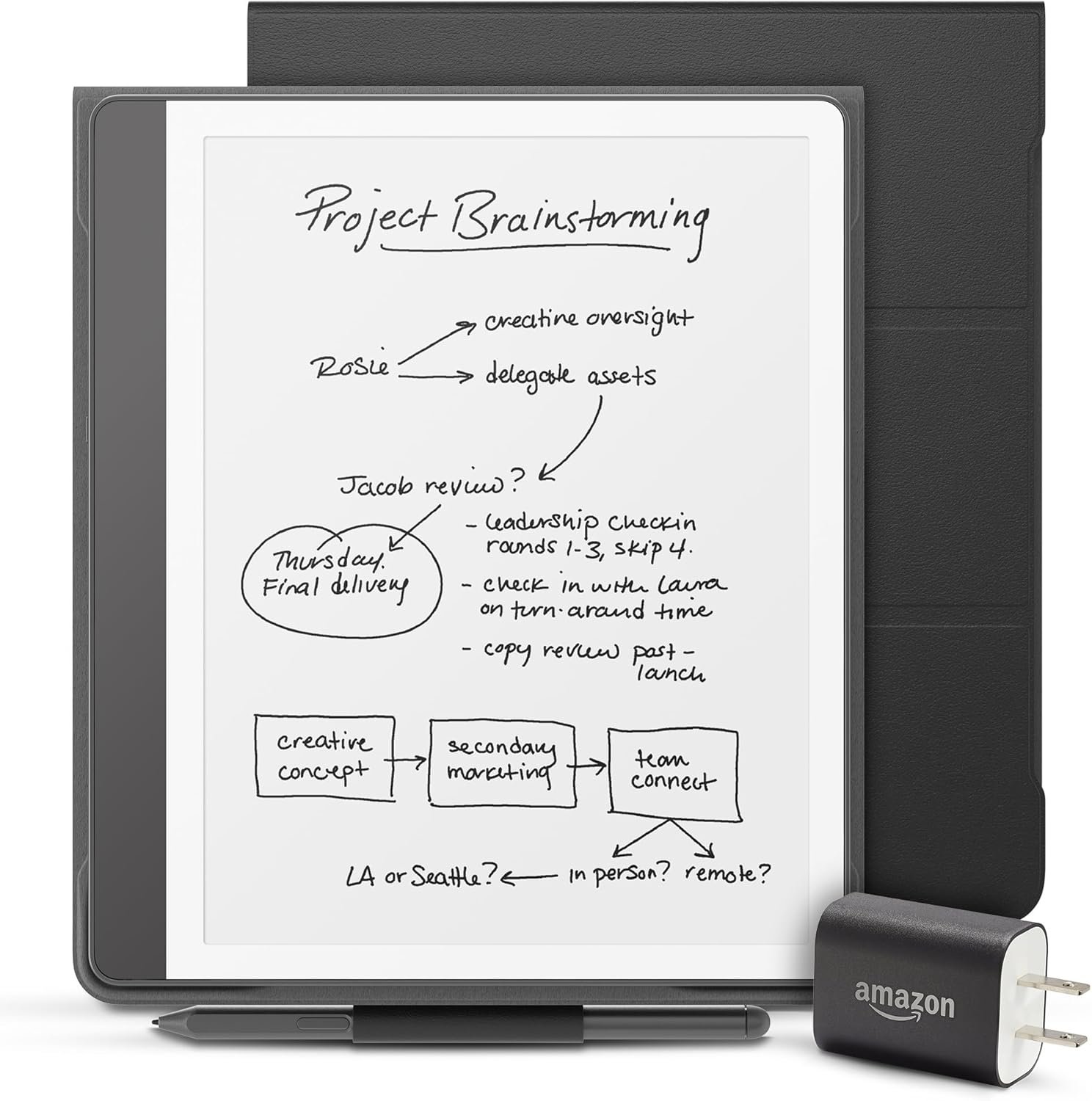 Amazon Kindle Scribe Essentials Bundle including Kindle Scribe (16GB) - Tungsten, Premium Pen, Leather Folio-Black, and Power Adapter