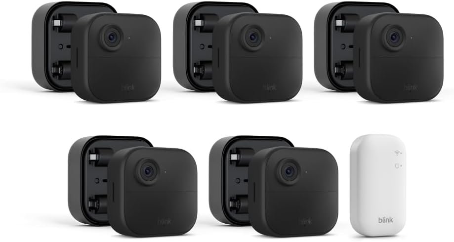Blink Outdoor 4 + Battery Extension Pack — Four-year battery wireless smart security camera, HD live view, enhanced motion detection — 5 camera system + Battery Extension Pack
