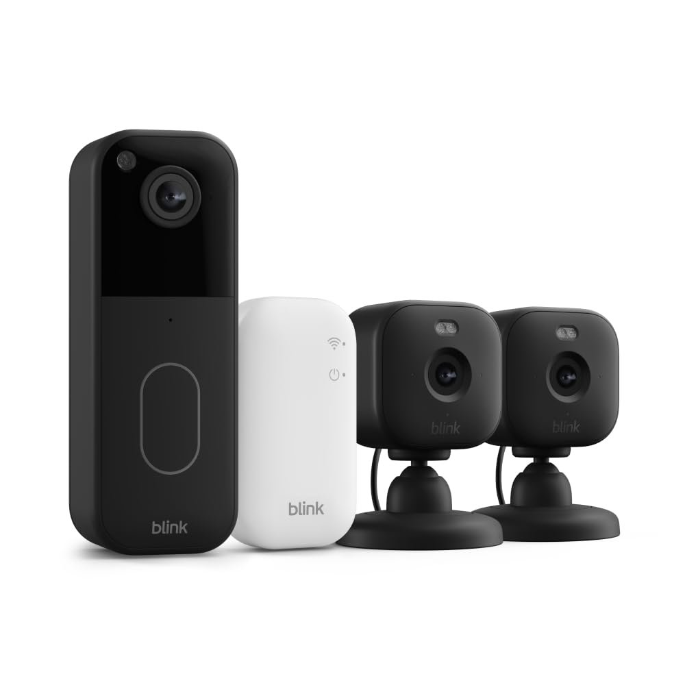 All-new Blink Video Doorbell + Mini 2 – Motion & chime alerts, HD viewing, and two way audio. Sync Module Core included – 1 camera system + two Mini 2 (Black/Black)