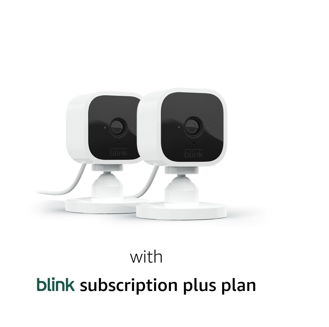 Free Blink Mini with 1-Year Subscription, 2 cameras (White) – Compact indoor plug-in smart security camera, 1080p HD video, night vision, motion detection, two-way audio, Works with Alexa