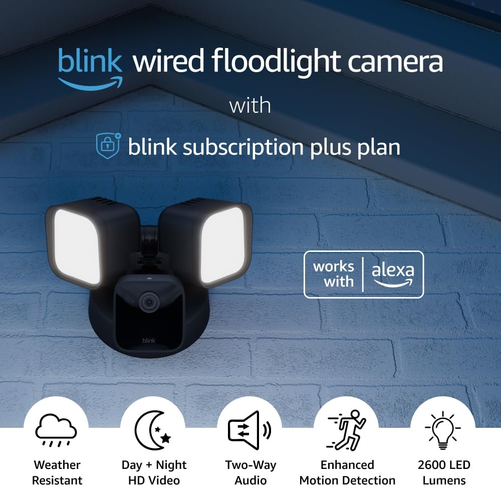 Free Blink Wired Floodlight Camera With 1-Year Subscription – Smart security camera, 2600 lumens, HD live view, person detection, built-in siren, Works with Alexa – 1 camera (Black)