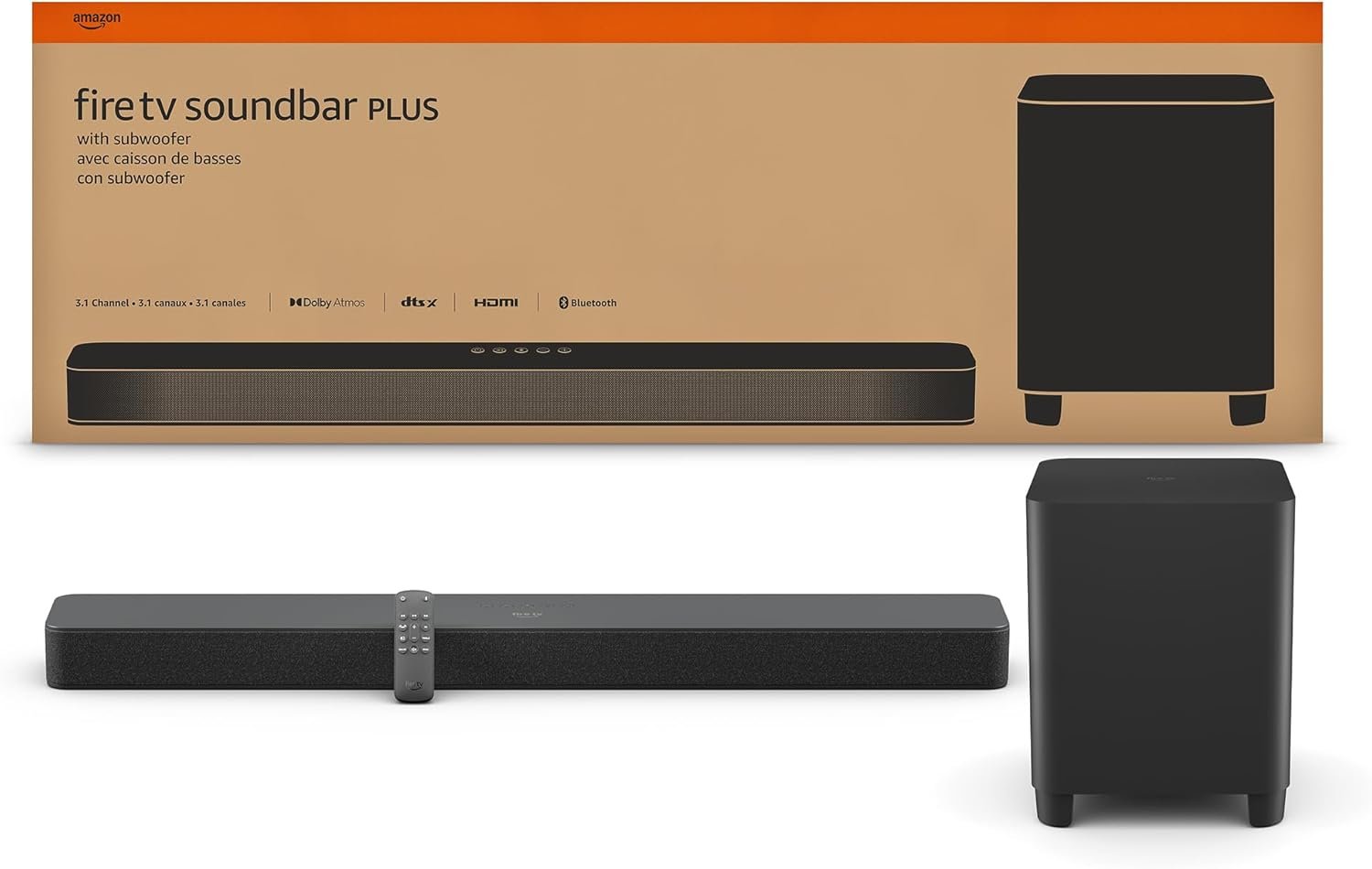 Amazon Fire TV Soundbar Plus with subwoofer (newest model), 3.1 channel, Dolby Atmos, DTS:X, clear dialogue