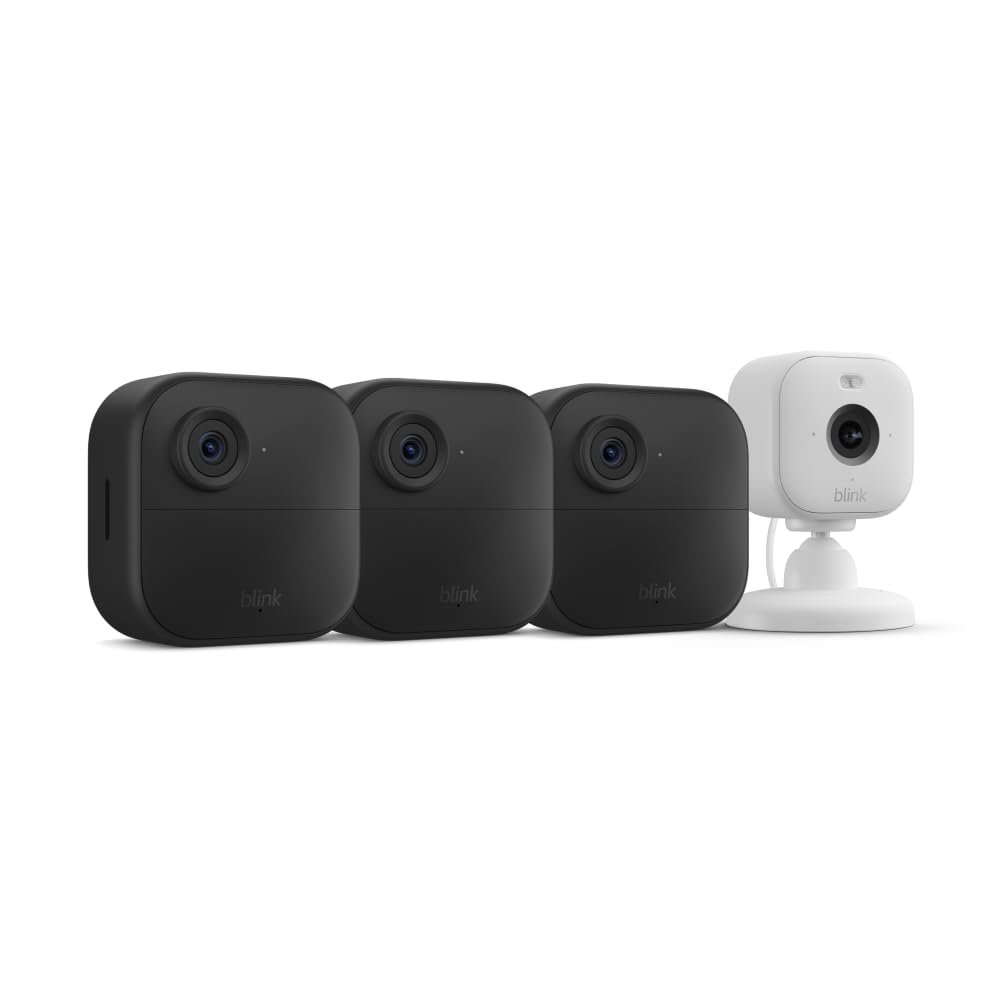 Blink Outdoor 4 + Blink Mini 2 — Smart security cameras, two-way talk, HD live view, motion detection, set up in minutes, Works with Alexa — 3 camera system + Mini 2 (White)