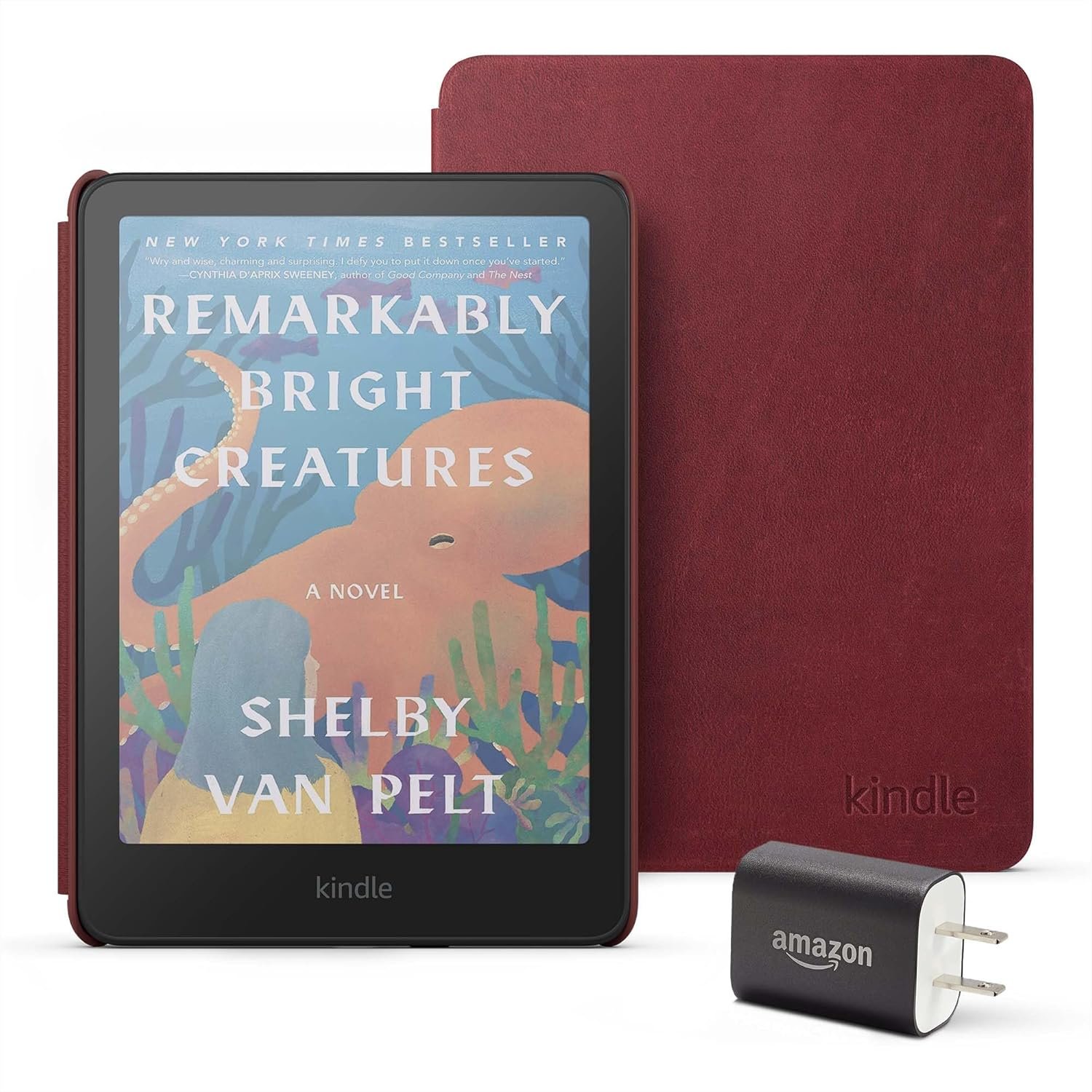 Amazon Kindle Colorsoft Essentials Bundle including Kindle Colorsoft (16 GB) – With color display - Black, Premium Leather Cover-Ruby and Power Adapter