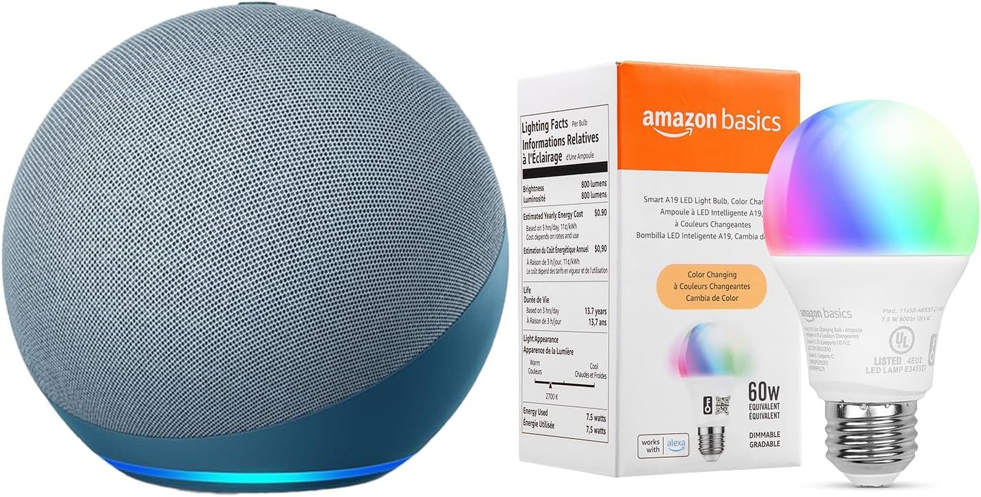 Echo (4th Gen) with Amazon Basics Smart Color Bulb