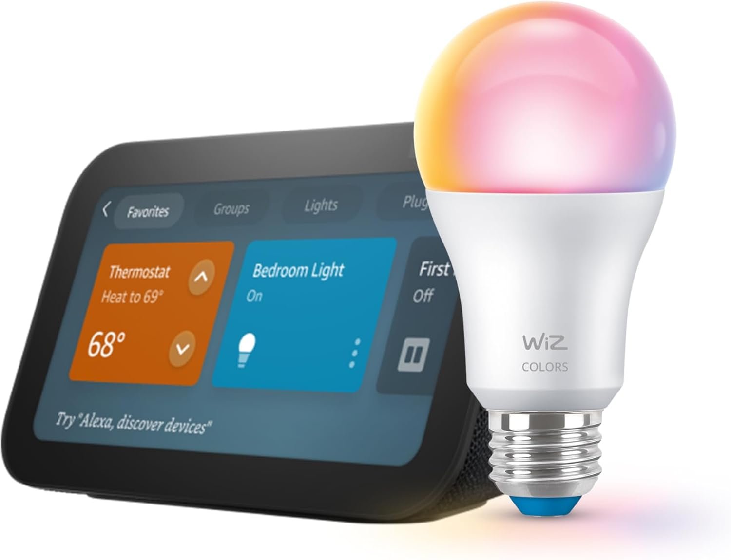 Echo Show 5 (newest model) with WiZ 60W A19 LED Smart Color Bulb - Connects to Your Wi-Fi - E26 Base - Control with Voice or App - Matter Compatible