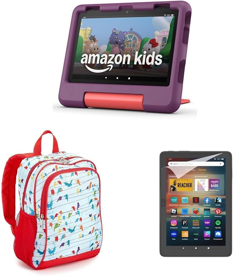 Amazon Fire HD 8 Kids tablet (32GB, Grape) Backpack Travel Bundle