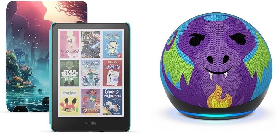 Amazon Kids Entertainment Device Bundle Including Kindle Colorsoft Kids (16GB, Fantasy River) + Echo Dot Kids (Dragon)