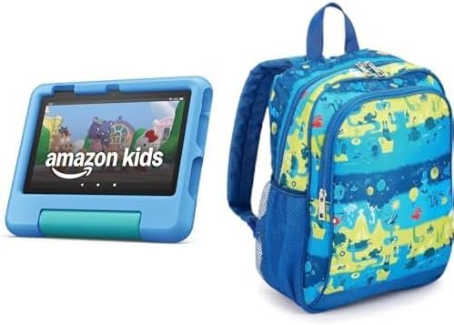 Amazon Fire 7 Kids tablet, ages 3-7 (16GB, Blue) + Backpack Bundle