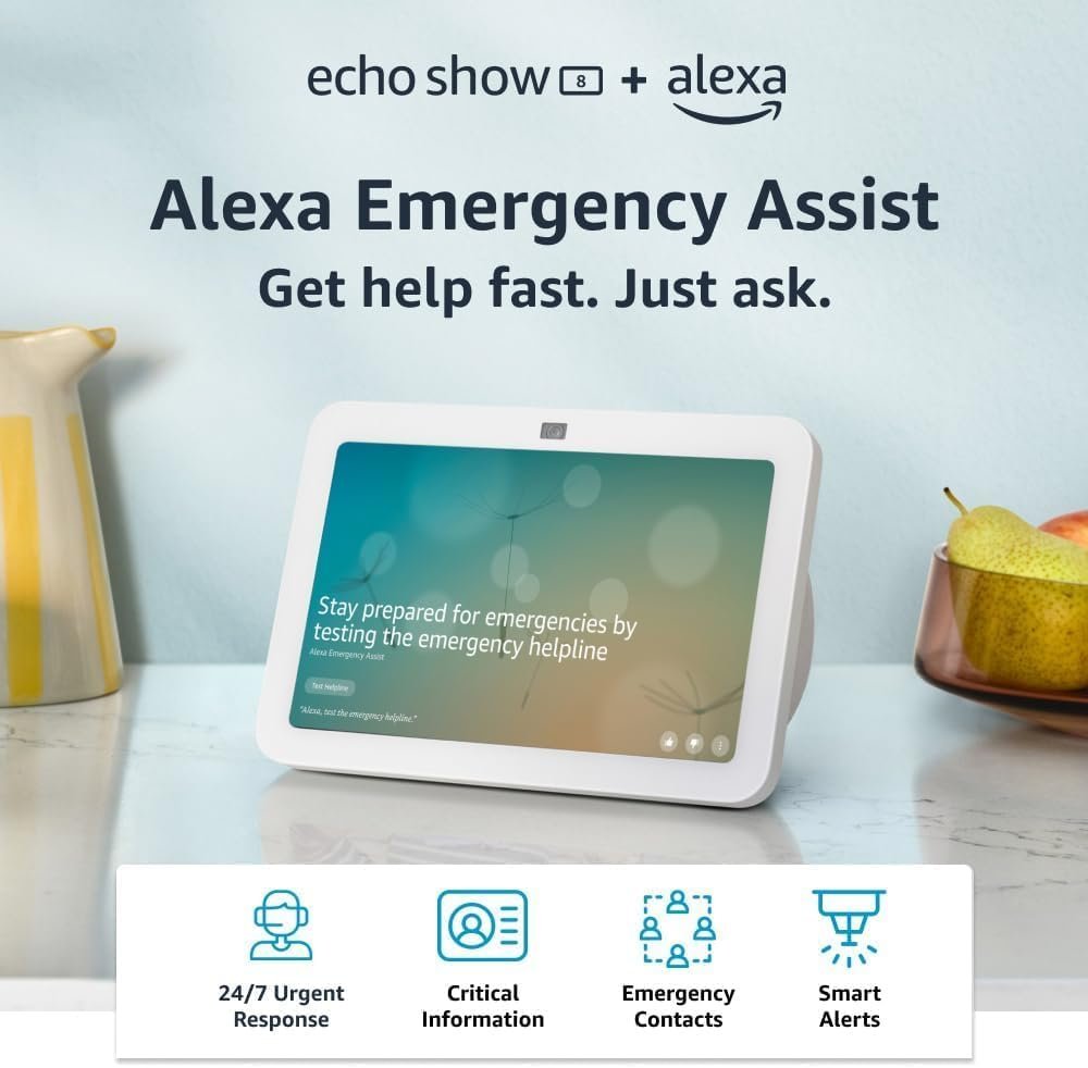 Echo Show 8 (2023 release), Glacier White, bundle with Alexa Emergency Assist (monthly auto-renewal subscription)