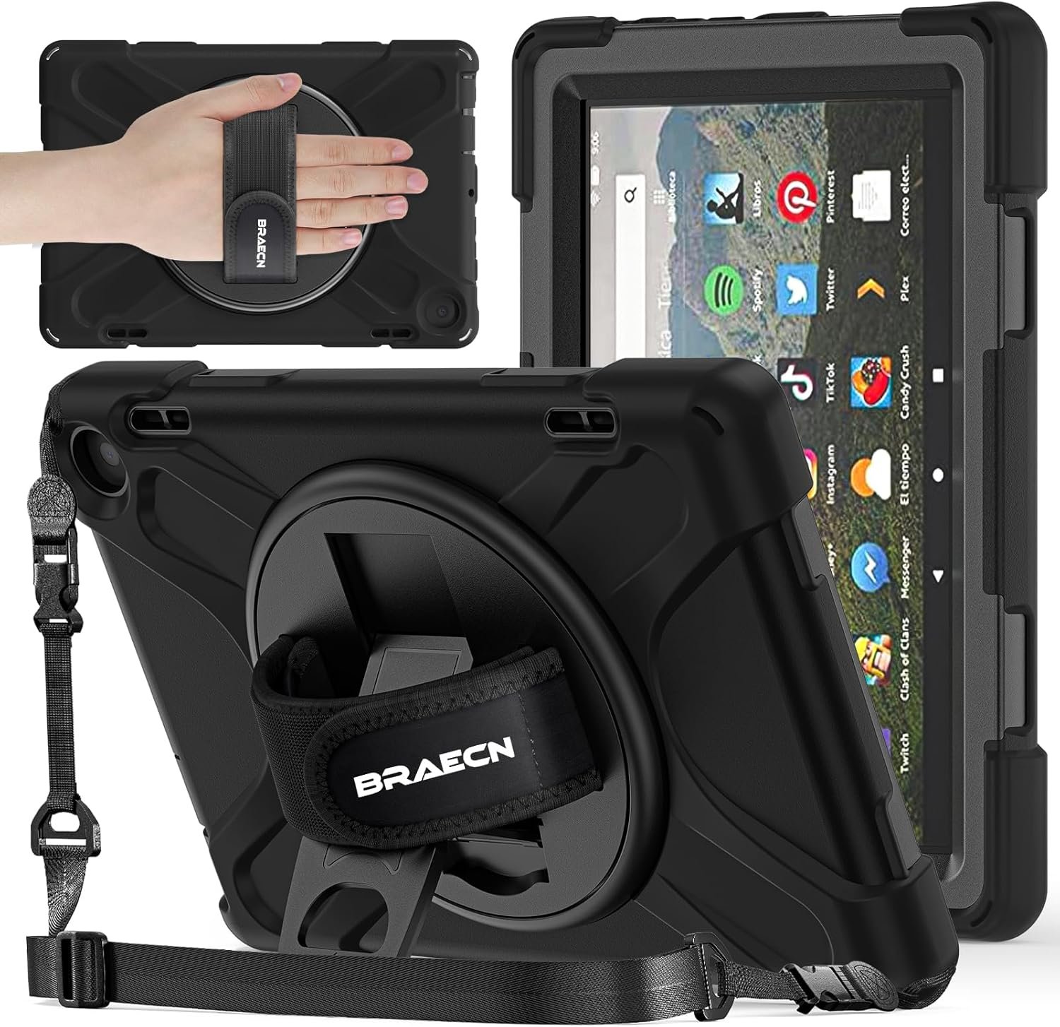 BRAECNstock for Amazon Fire HD 8 Tablet Case (12th Generation, 2024/2022) 8", Shockproof Protective Kids Case with [Rotating Hand Strap+Stand], Pen Holder, Shoulder Strap, Black