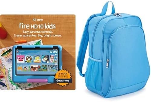Amazon Fire HD 10 Kids Tablet, 10.1" HD (32 GB, Blue) + Backpack Bundle