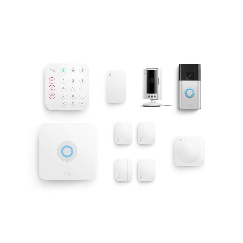 Battery Doorbell (Satin Nickel) with Indoor Cam (White) and Alarm 8-Piece (White)