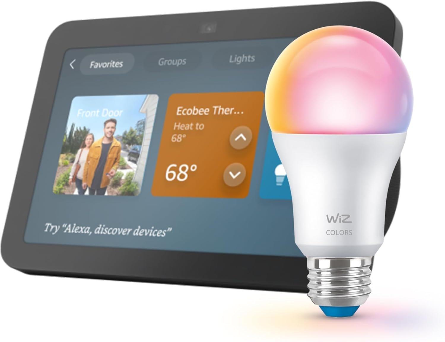 Echo Show 8 (newest model) with WiZ 60W A19 LED Smart Color Bulb - Connects to Your Wi-Fi - E26 Base - Control with Voice or App - Matter Compatible