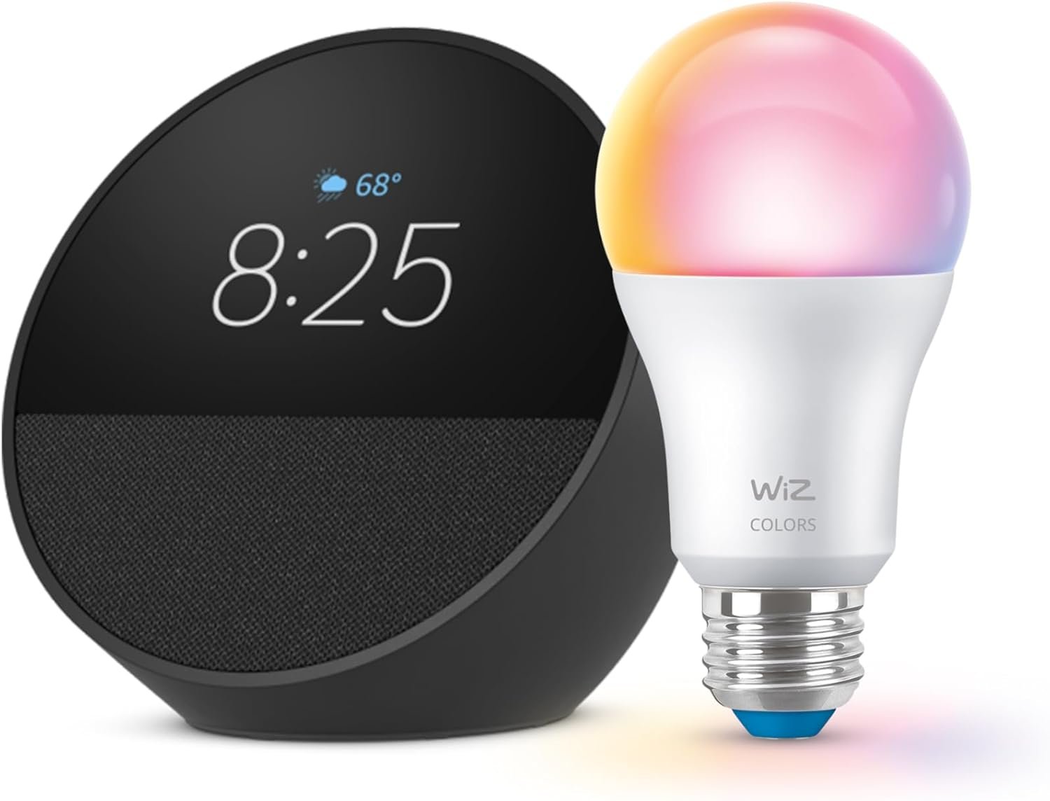Echo Spot (newest model) with WiZ 60W A19 LED Smart Color Bulb - Connects to Your Wi-Fi - E26 Base - Control with Voice or App - Matter Compatible