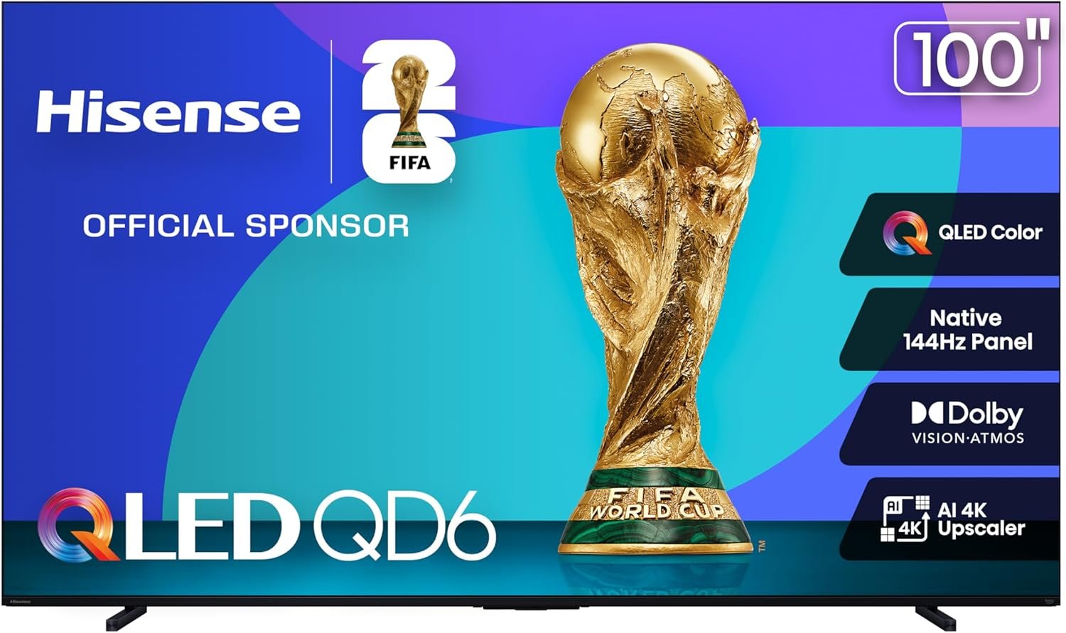 Hisense 100-Inch Class QD6 Series QLED 4K UHD Smart Fire TV (100QD6QF, 2025 Model) - QLED, Native 144Hz, Dolby Vision IQ, Dolby Atmos, Motion Rate 240, HDR 10+, Game Mode Plus, Alexa Built in