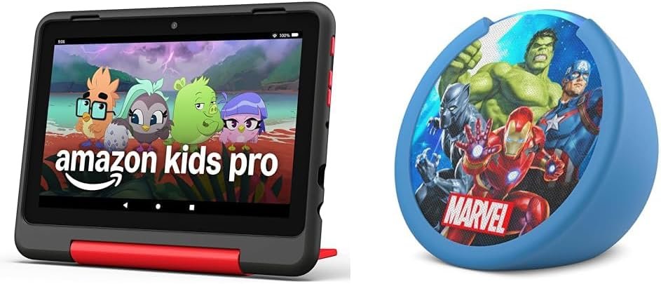 Amazon Kids Entertainment Device Bundle Including Fire HD 8 Kids Pro Tablet (32GB, Marvel Avengers) + Echo Pop Kids (Marvel Avengers)